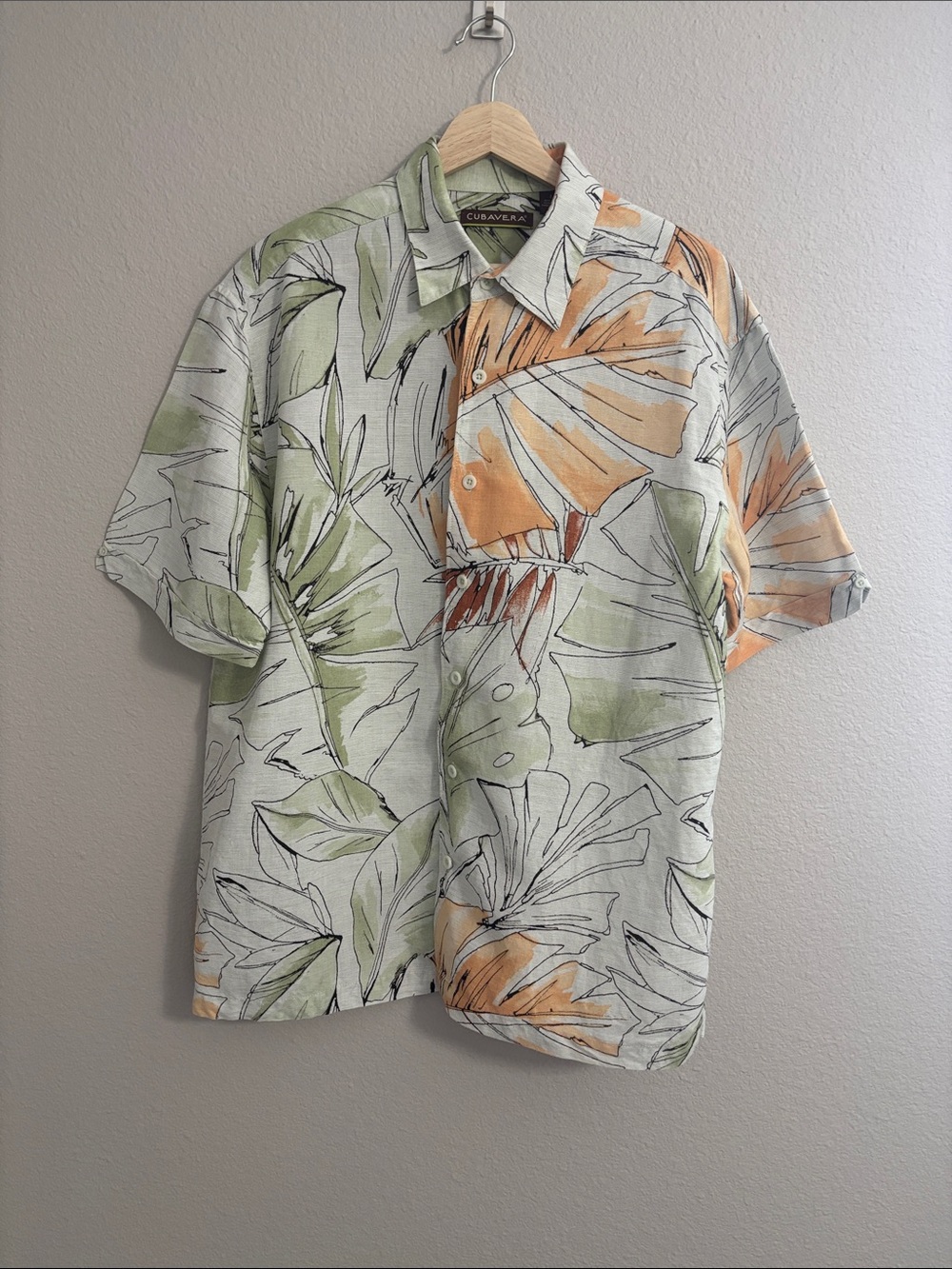 Cubavera Men's Tropical Leaf Print Linen Blend SS Button Up Olive Green Size L